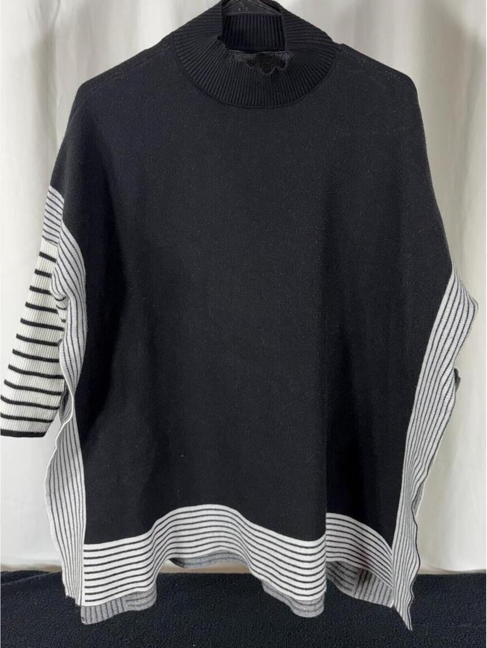 Black and White Striped Oversized Knit Mockneck Cape Sweater 125